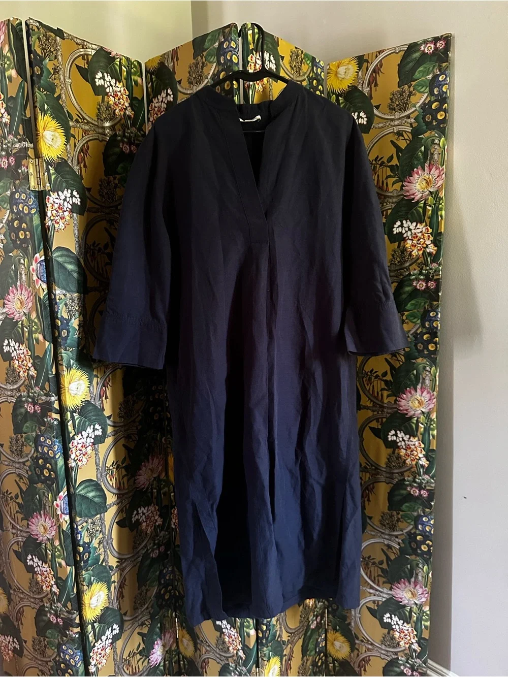Vince Navy V-Neck Midi Shift Linen 3/4 Sleeve Boho Dress Medium M